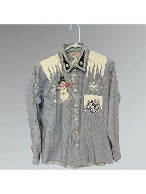 Holiday Upcycled Striped Shirt Christmas Snowmen Icicles Snow Size Large